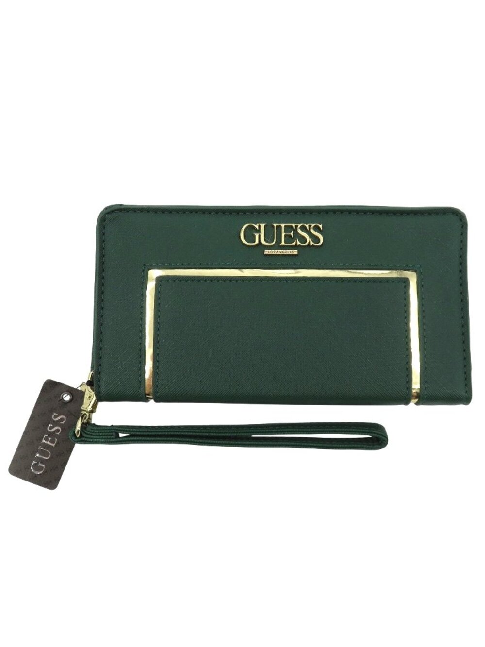 Guess Valora DX19049 Solid Green Faux Leather Gold Metallic Wristlet Purse NEW